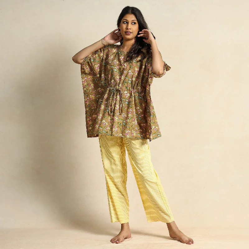 Brown - Hand Block Printed Cotton Kaftan & Pyjama Night Suit Set