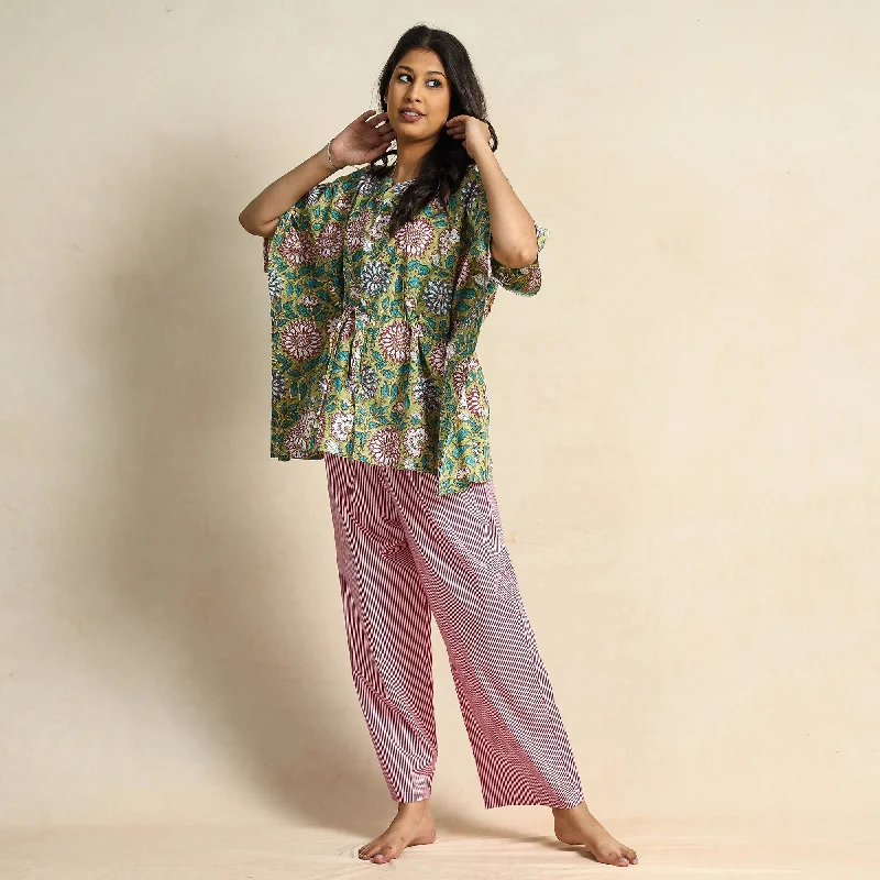 Green - Hand Block Printed Cotton Kaftan & Pyjama Night Suit Set