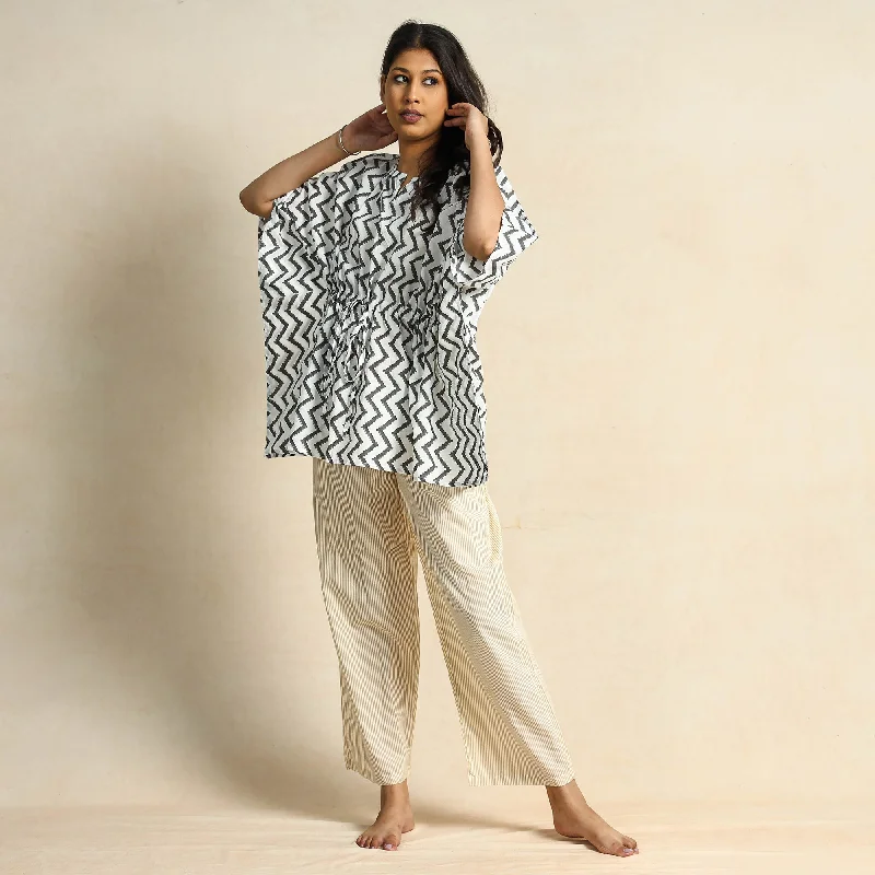 White - Hand Block Printed Cotton Kaftan & Pyjama Night Suit Set