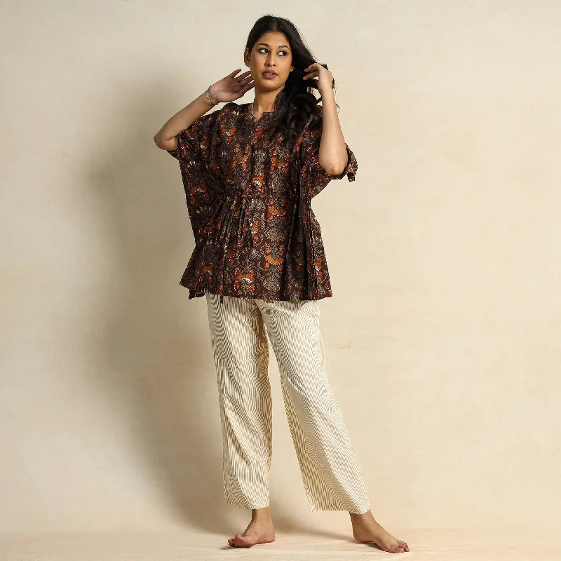 Brown - Hand Block Printed Cotton Kaftan & Pyjama Night Suit Set