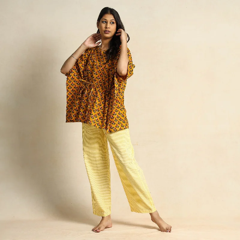 Yellow - Hand Block Printed Cotton Kaftan & Pyjama Night Suit Set