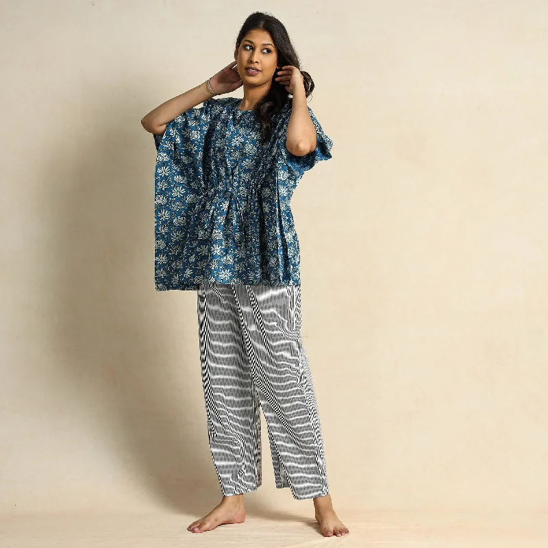 Blue - Hand Block Printed Cotton Kaftan & Pyjama Night Suit Set