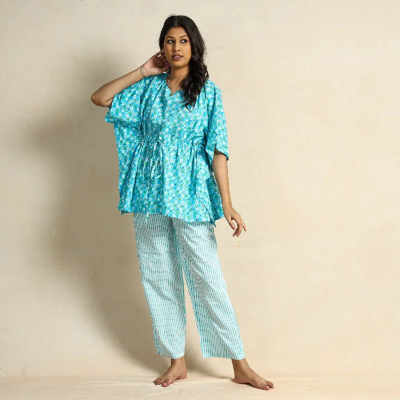 Blue - Hand Block Printed Cotton Kaftan & Pyjama Night Suit Set