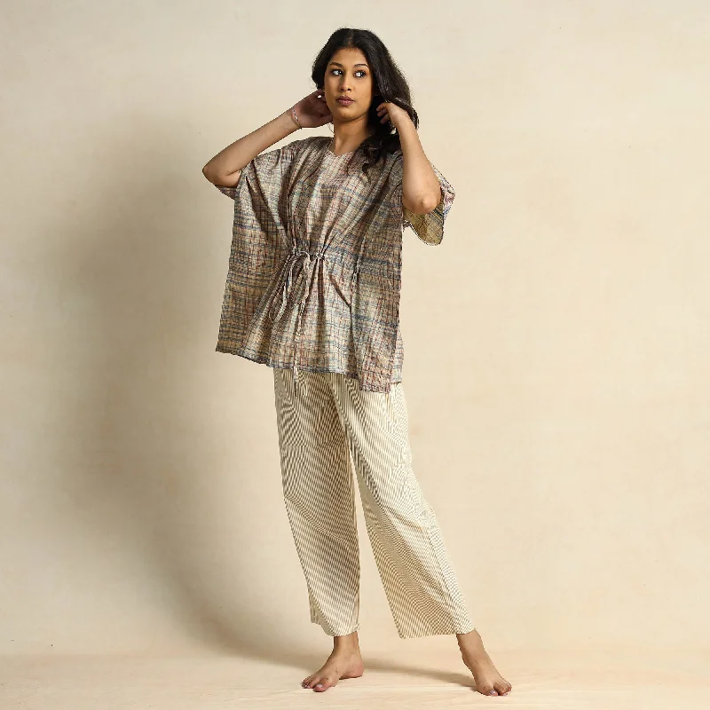 Brown - Hand Block Printed Cotton Kaftan & Pyjama Night Suit Set