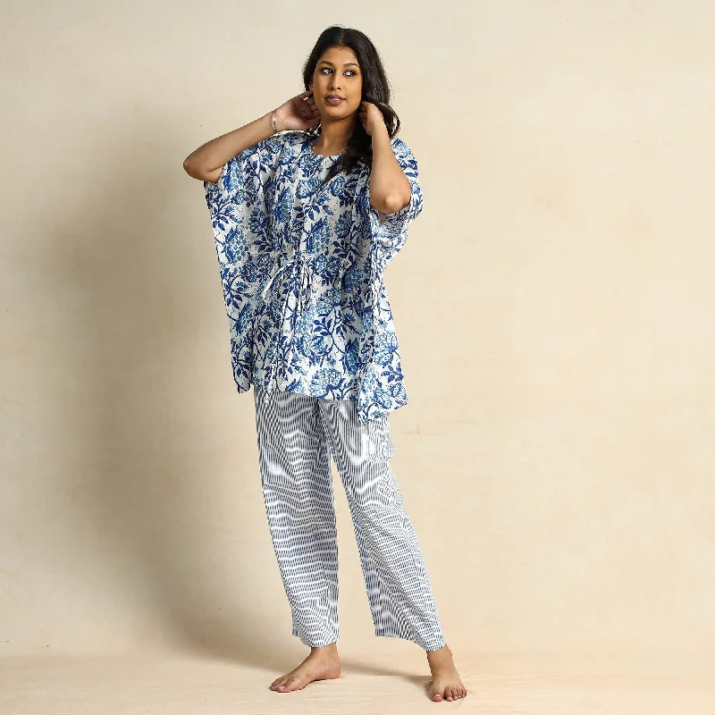 Blue - Hand Block Printed Cotton Kaftan & Pyjama Night Suit Set