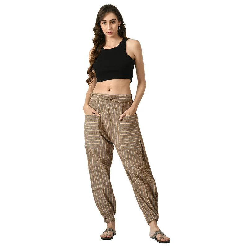 Cotton Jogger Pants for Women | Brown | Front Pocket | Stripes