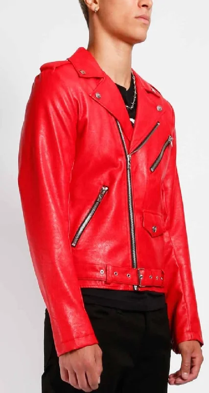 UNISEX Red Vegan Leather Classic Moto Jacket