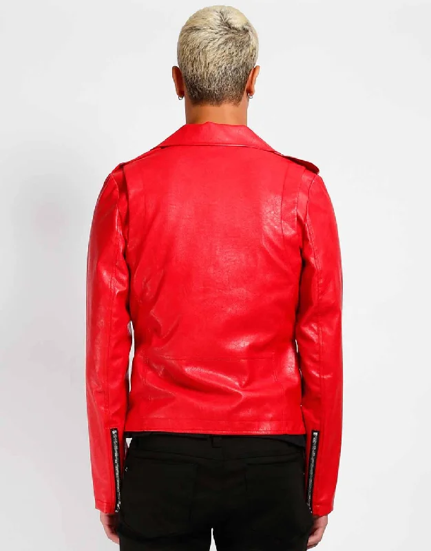 UNISEX Red Vegan Leather Classic Moto Jacket