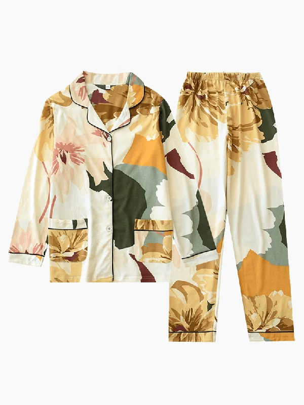 Floral Printed Cotton Long Sleeve Button down Casual Pajama Set