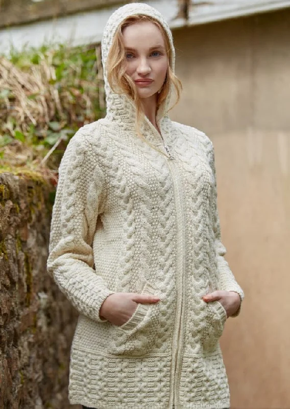 Aran Hooded Cardigan With Celtic Knot Zipper | Natural