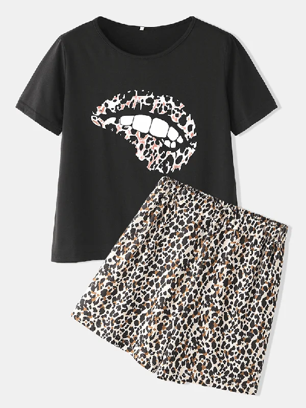 Leopard Print Pajamas Set Two Pieces O-Neck Short Sleeve Women Outwork Loungewear