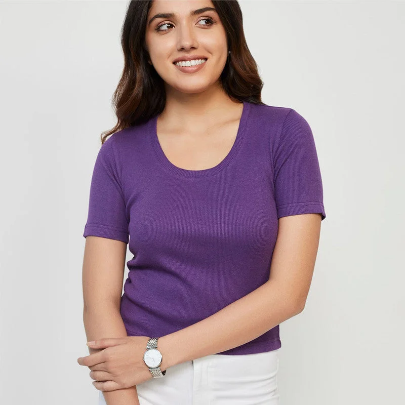 Cotton Modal Ribbed Scoop Neck Top | Lilac