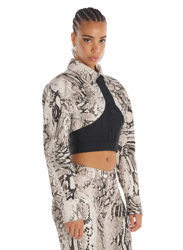 snake printed cropped denim jacket