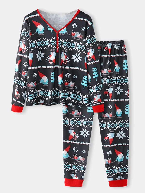 women-cartoon-santa-claus-print-v-neck-long-sleeve-pullover-loose-jogger-pants-christmas-home-pajama-set