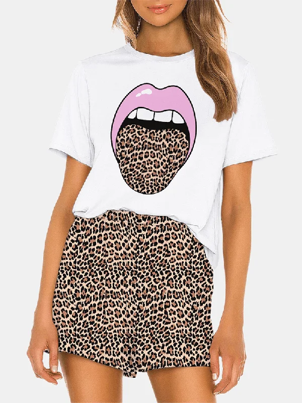 Women Funny Leopard Print round Neck Short Sleeve Breathable Pajama Set