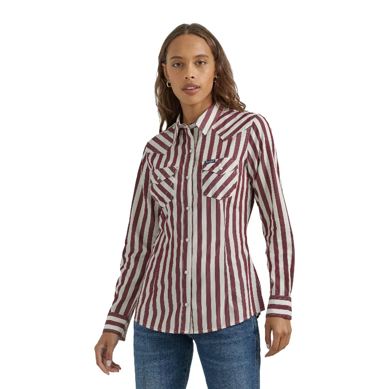 Wrangler Ladies Burgundy & White Stripe Snap Shirt