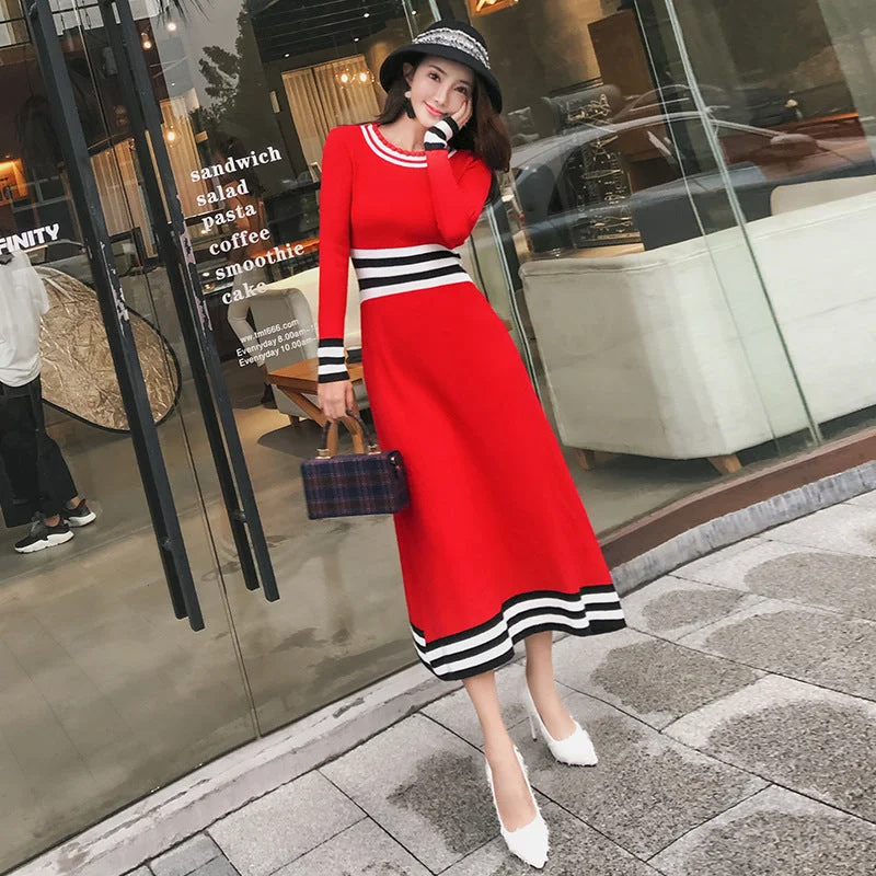 Big Red Long-sleeved Long Knit Dress Women +