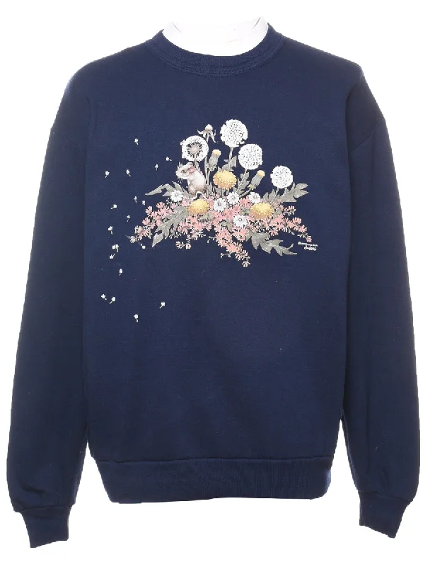 Navy 1990s Floral Printed Sweatshirt - L