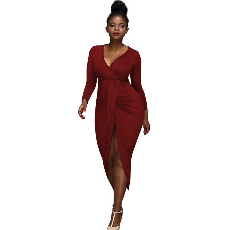 Nightclub Irregular Long-sleeved V-neck Dress +