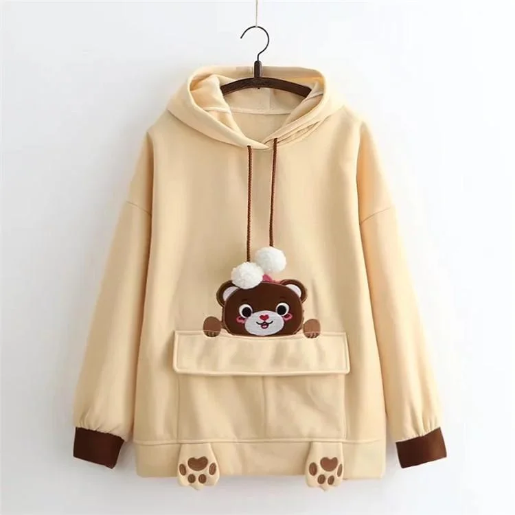 Women's Kawaii Bear Embroidered Contrast Color Hoodies 