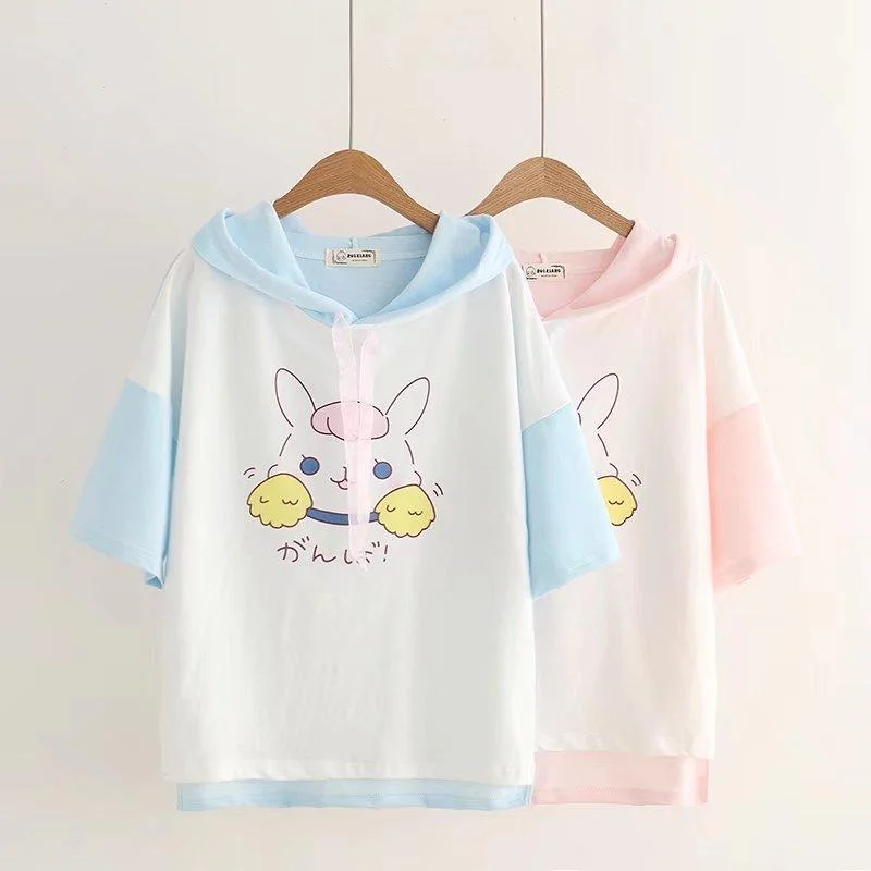 Women's Kawaii Bunny And Japanese Printed Contrast Color Hoodies