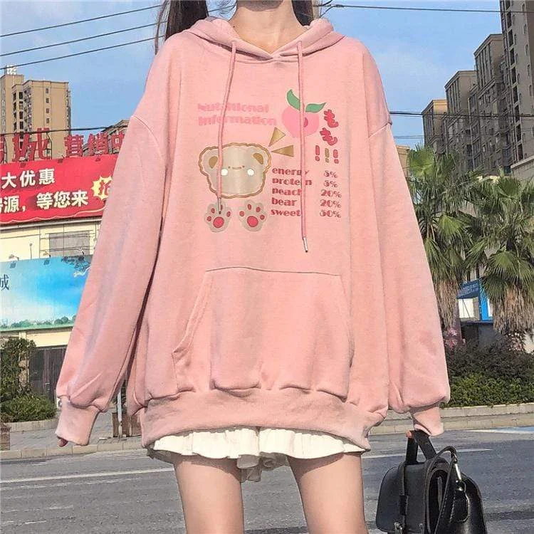 Women's Kawaii Bunny Ears Hood  Bear Printed Loose Hoodies With Big Pockets