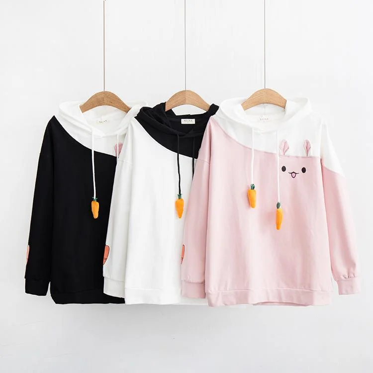 Women's Kawaii Rabbit Carrot Drawstring Contrast Color Hoodies 