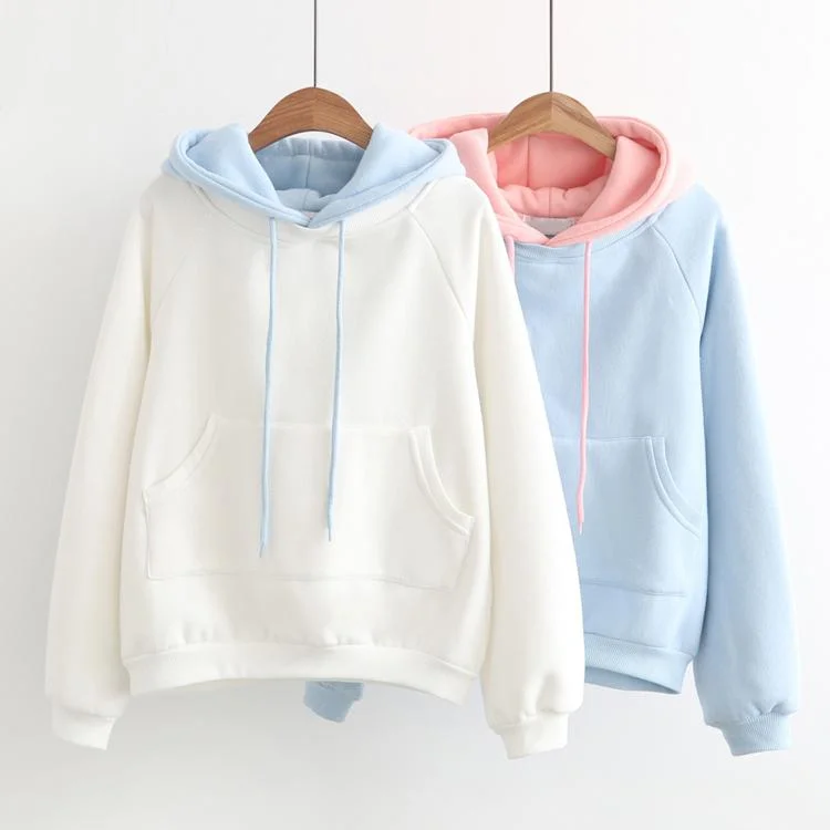 Women's Korean Fashion Contrast Color Loose Hoodies With A Big Pocket