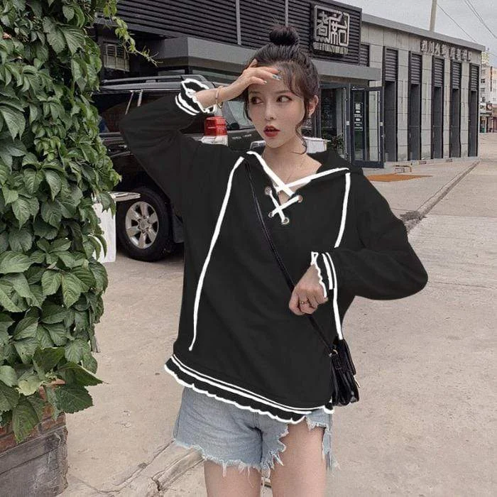 Women's Korean Fashion Lace-up Ruffles Hoodies