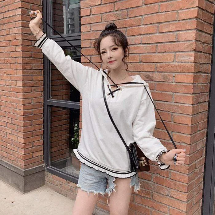 Women's Korean Fashion Lace-up Ruffles Hoodies