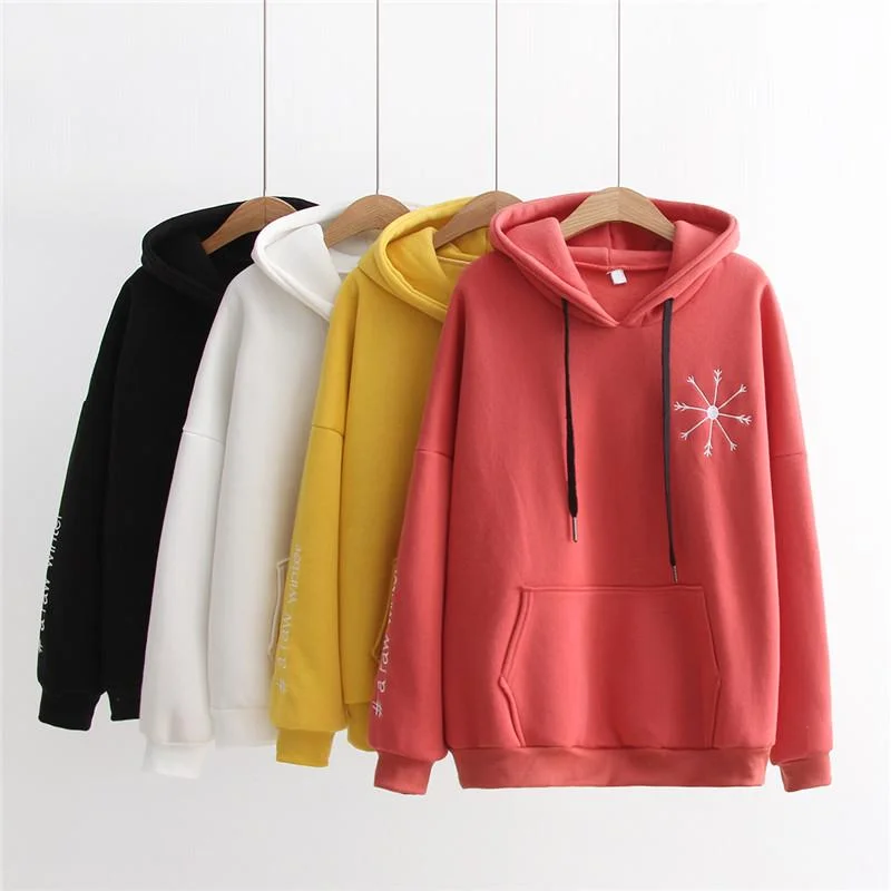 Women's Korean Fashion Snowflake Embroidered  Pure Color Hoodies