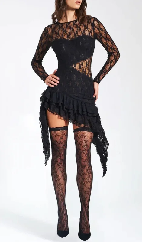 LONG SLEEVE RUFFLE LACE DRESS IN BLACK