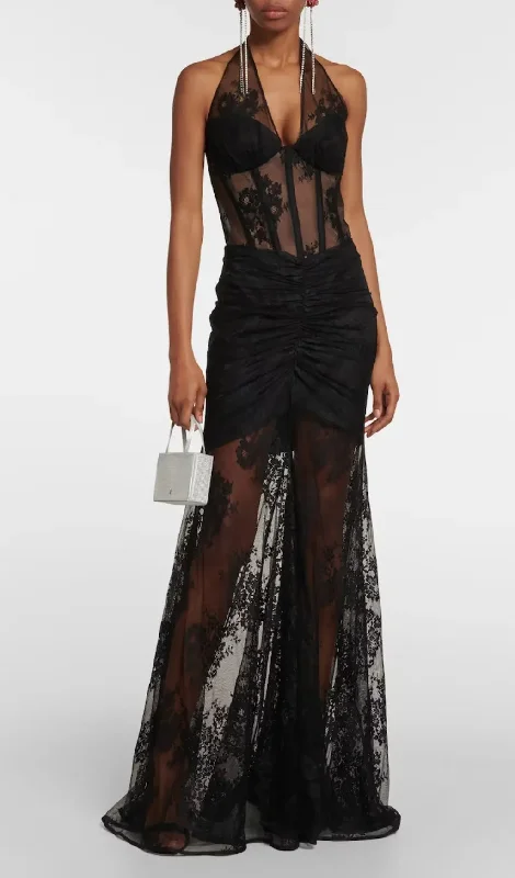 BLACK BUSTIER FLORAL LACE GOWN