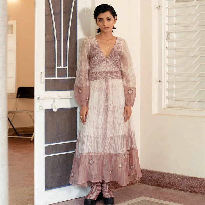 Handwoven Chanderi Silk Rosewood & White A-Line Dress