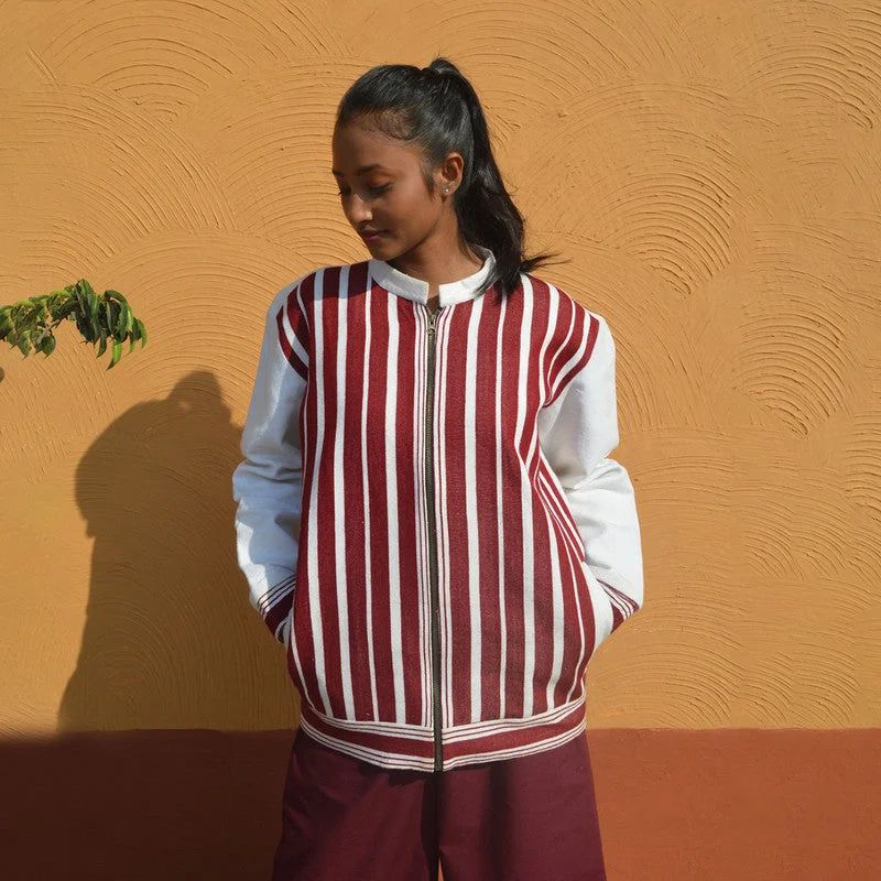 Cotton Bomber Jacket | Unisex | Zipper | Maroon & White