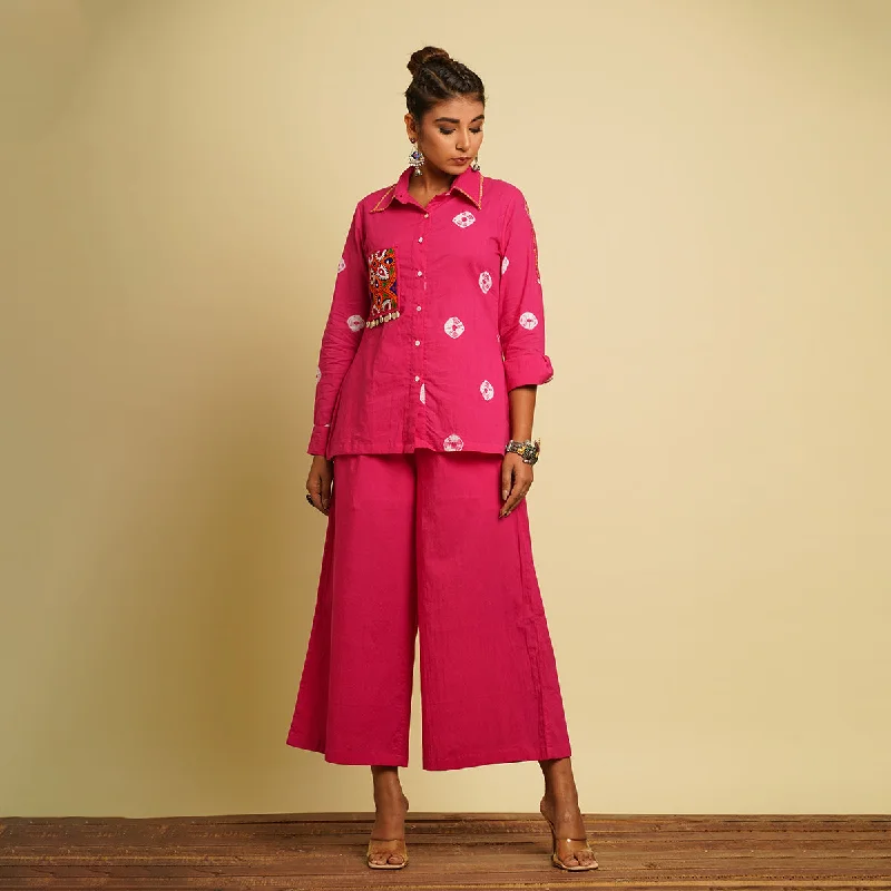 Cotton Cambric Co Ord Set for Women | Tie-Dye | Embroidered | Fuschia Pink