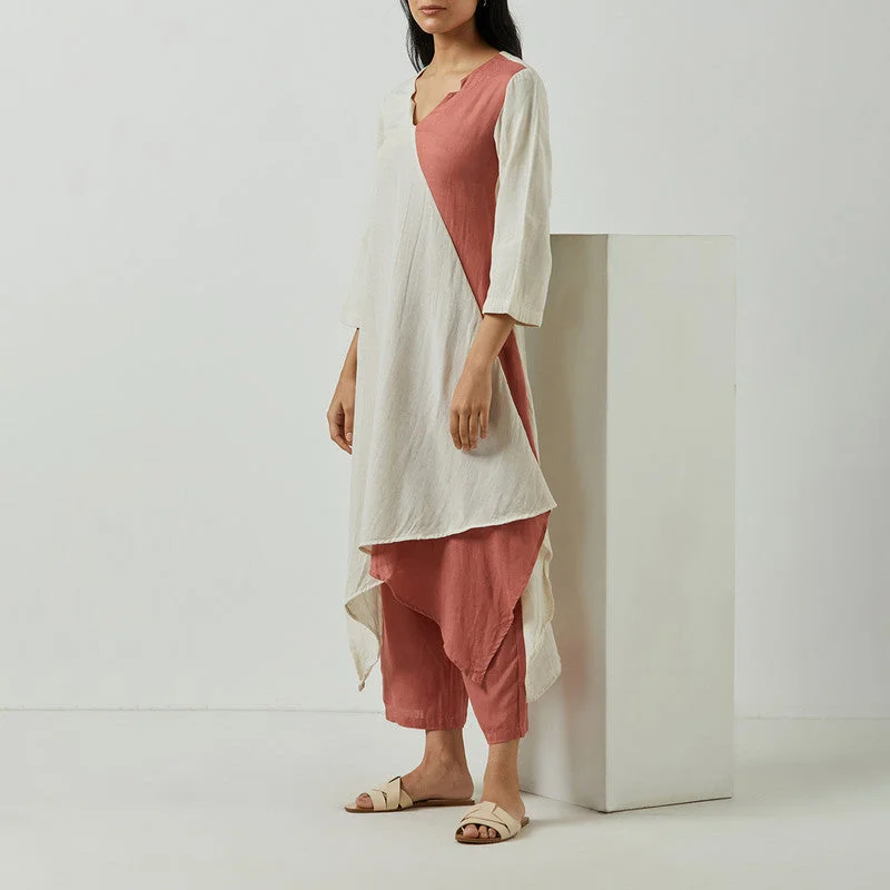 Handwoven Cotton Tunic | Asymmetric | Beige & Peach