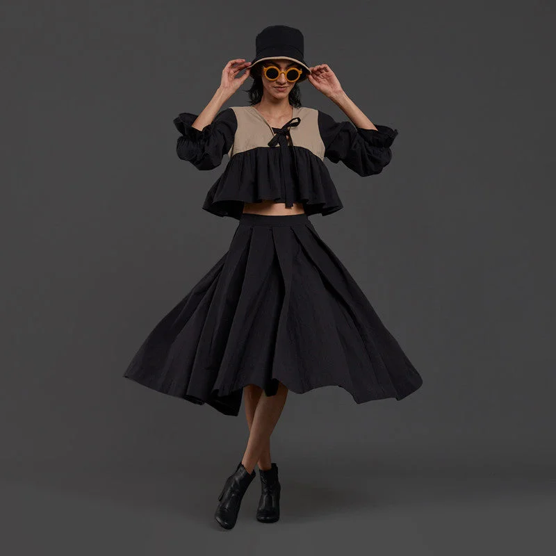 Pure Cotton Pleated Skirt | Side Pocket | Black