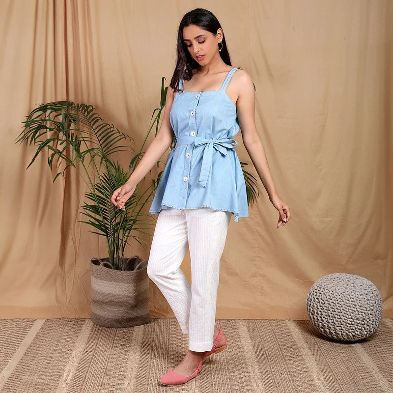 Cotton Blue Top with Belt | Straps