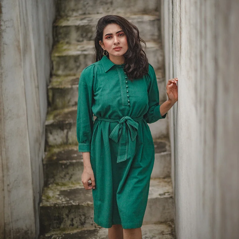 Cotton Knee Length Dress | Tie-Up Waist | Green