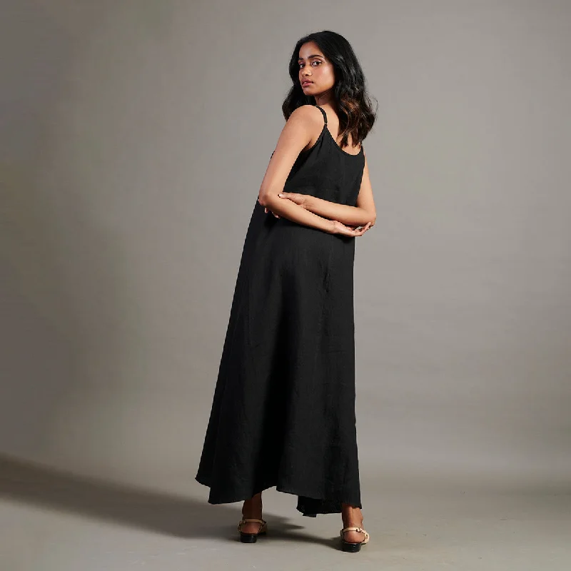 Linen Flared Slip Dress For Women | V-Neck | Black