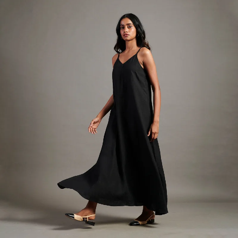 Linen Flared Slip Dress For Women | V-Neck | Black