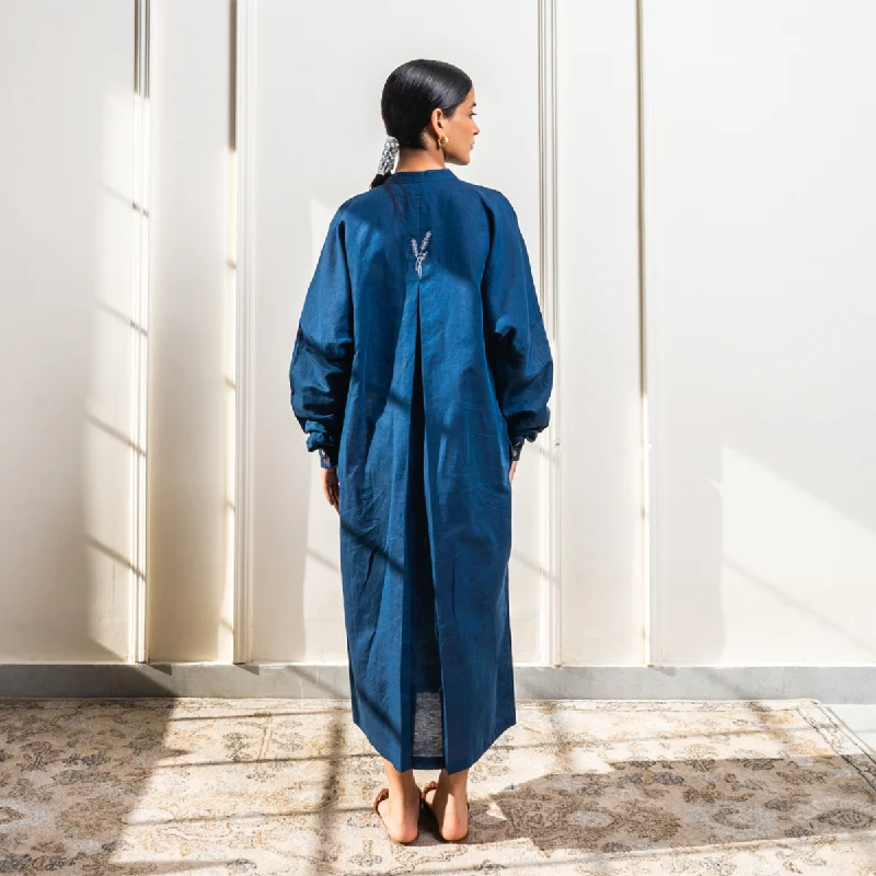 Blue Linen Dress for Women | Gathered Sleeves with Cuff Opening | Pleated