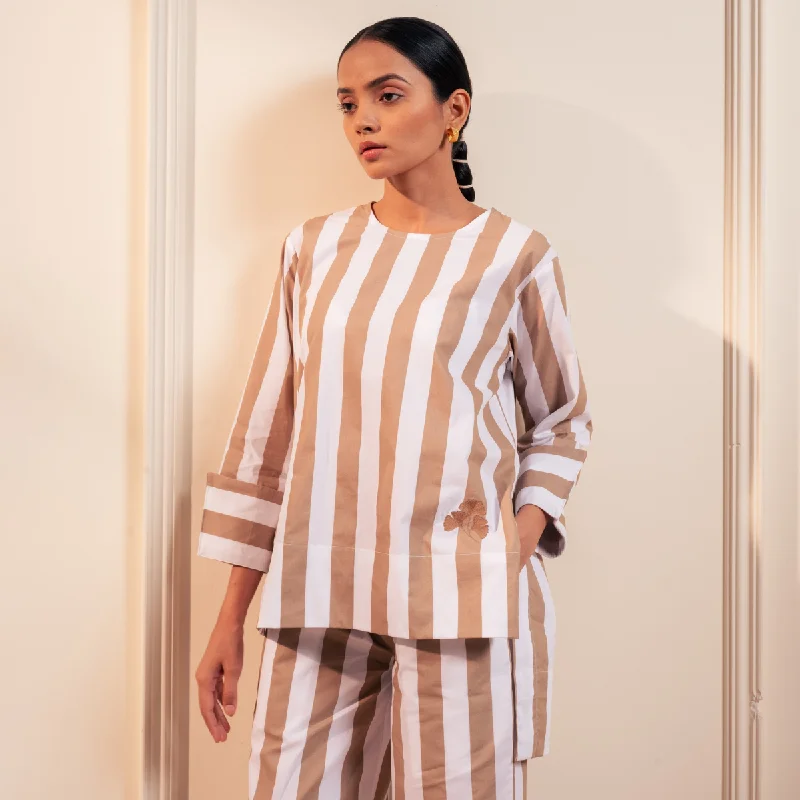 Cotton Co-Ord Set for Women | Striped | Full Sleeves | Brown & White