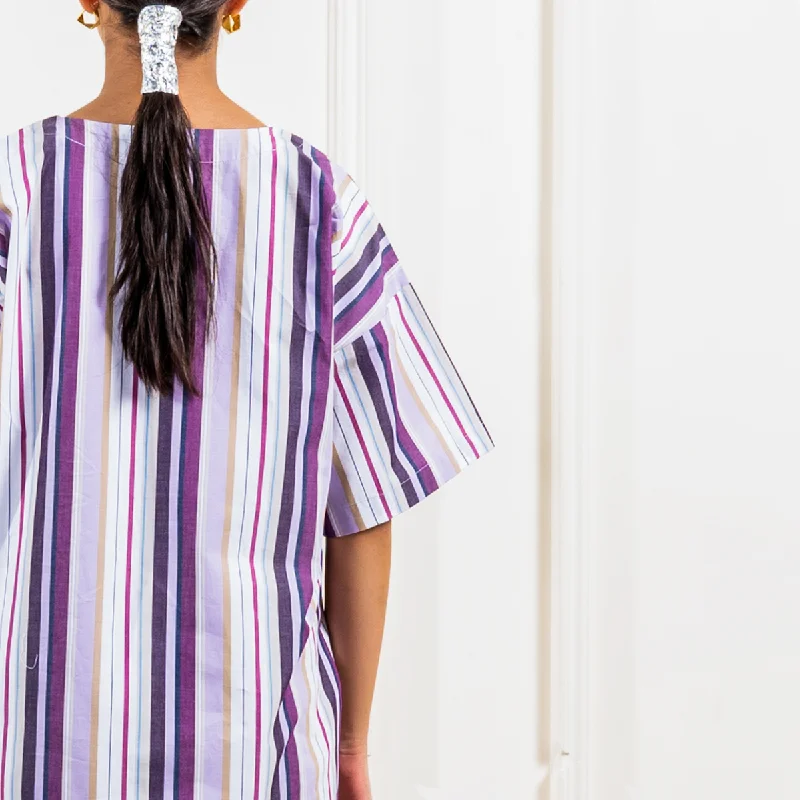 Cotton Straight Dress for Women | Striped | Boat Neck | Lavender