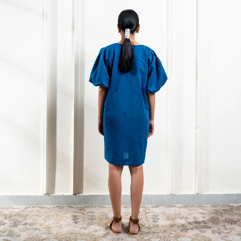 Linen A-Line Knee Length Dress for Women | Balloon Puff Sleeves | Cobalt Blue