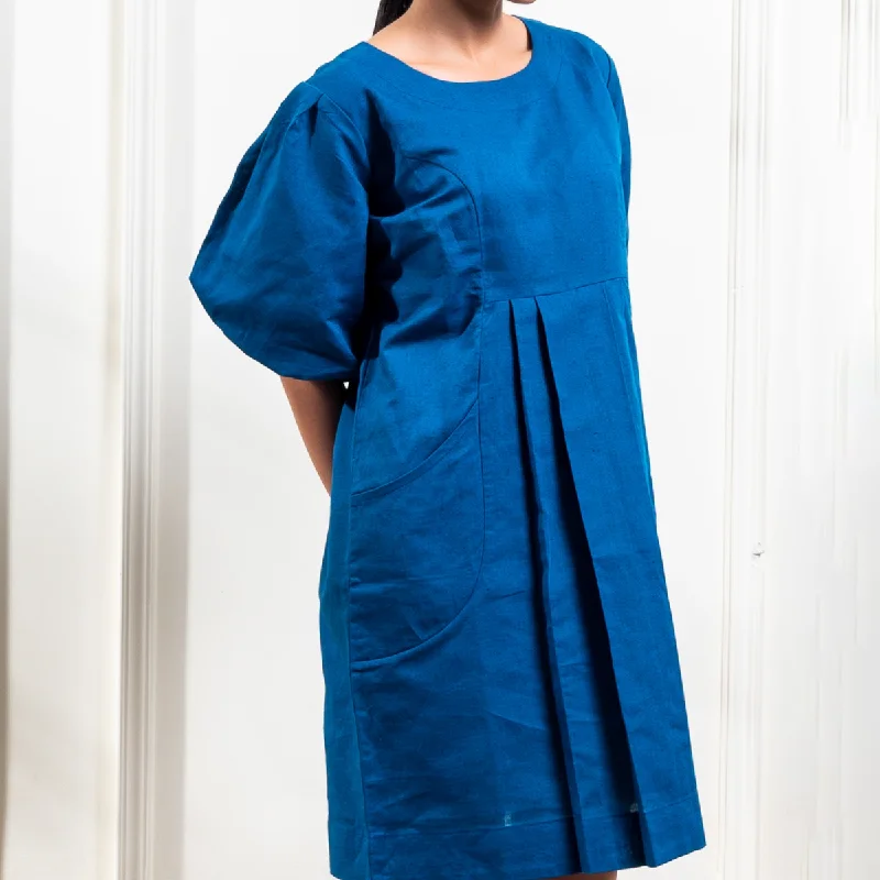 Linen A-Line Knee Length Dress for Women | Balloon Puff Sleeves | Cobalt Blue