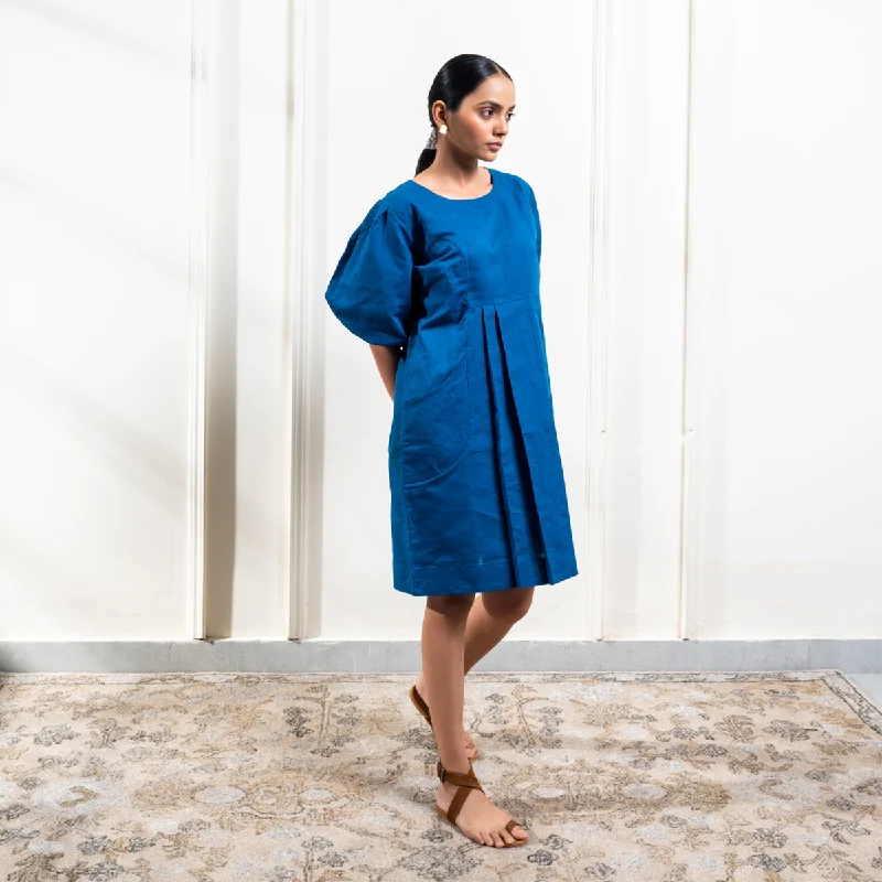 Linen A-Line Knee Length Dress for Women | Balloon Puff Sleeves | Cobalt Blue