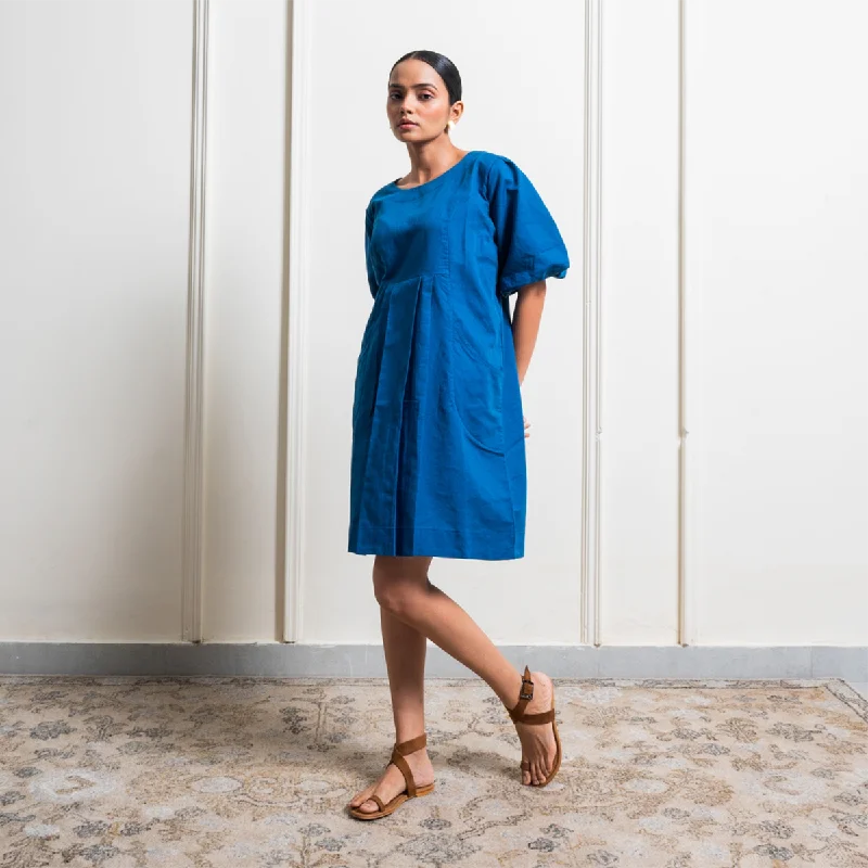 Linen A-Line Knee Length Dress for Women | Balloon Puff Sleeves | Cobalt Blue