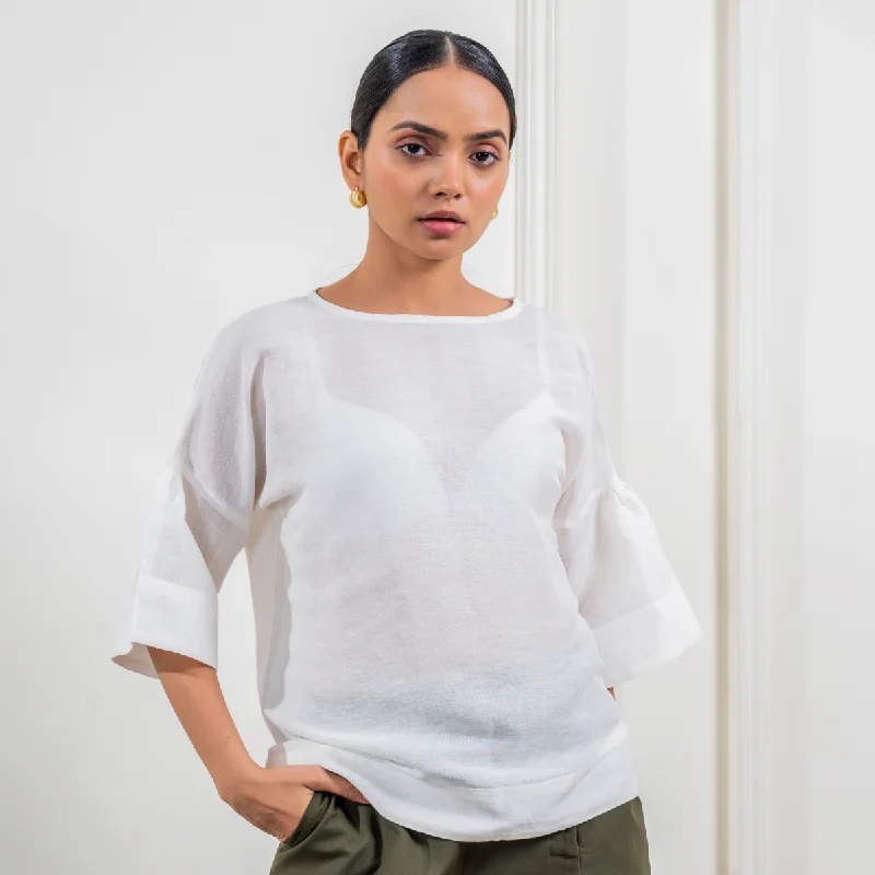 White Top for Women | Linen | Full Sleeves | Round Neck